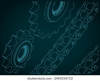 Stylized vector illustration of chains and sprockets close up