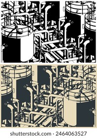 Ilustración vectorial estilizada de la producción química. Tanques cerca