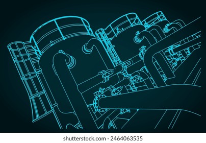 Ilustración vectorial estilizada de la producción química. Tanques cerca