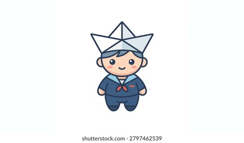 A stylized vector illustration of a chibi sailor boy with a paper hat, blue uniform, and a friendly expression on a plain background