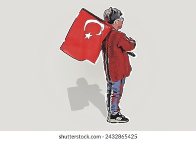 A stylized vector illustration of a child holding the Turkish flag, representing national pride and youth patriotism