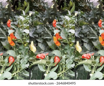 Stylized vector illustration of a chili pepper plant with vibrant red, orange, and yellow peppers growing among lush green foliage. This colorful botanical image is ideal for use in agricultural theme