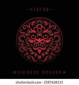 A stylized vector illustration of a Chinese dragon, featuring intricate red patterns on a black background. The design emphasizes the dragon's fierce and powerful expression