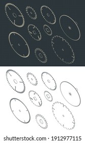 Ilustración vectorial estilizada de dibujos isométricos de sierra de hoja circular