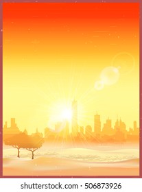 Stylized vector illustration of a city in the desert old poster style