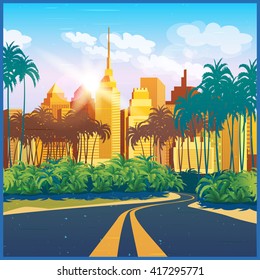 Stylized vector illustration of city. Highway And Sunlight