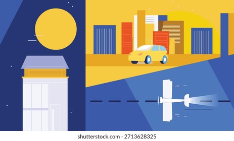 
Stilisierte Vektorgrafik einer Stadtskyline, eines Autos und eines Windes 
Turbine unter einem pulsierenden Sonnenuntergang. Perfekt für urbane oder ökologische Themen.