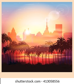 Stylized vector illustration of a city at sunrise.