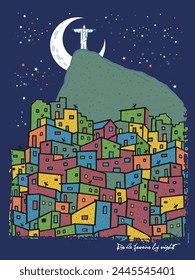 Ilustración vectorial estilizada del paisaje urbano de Río de Janeiro, Brasil de noche. Arte en estilo minimalista.