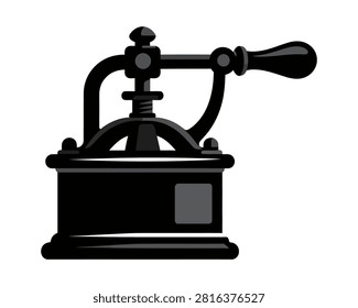 A stylized vector illustration of a classic manual hand-crank coffee grinder, depicted in a clean, flat graphic style isolated on a white background.