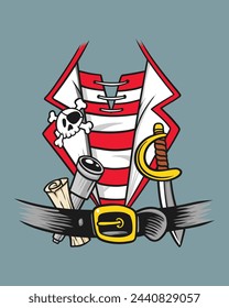 Stylized vector illustration of a classic pirate costume with accessories on a gray background.