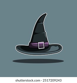 Ilustración vectorial estilizada de un clásico sombrero de bruja con banda morada y hebilla. Perfecto para diseños con temática de Halloween, pegatinas y productos digitales. De alta calidad, simple pero llamativo, ideal para 