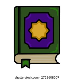 A stylized vector illustration of a closed book with a green cover, a purple inset featuring a gold eight-pointed star emblem, and a beige bookmark, presented on a white background.