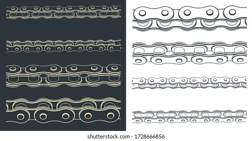 Stylized vector illustration of a close-up of mechanical chain transmission drawings from different angles
