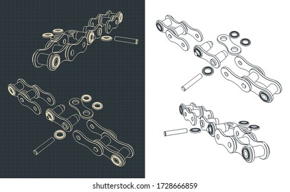 Stylized vector illustration of a close-up of mechanical chain transmission drawings from different angles