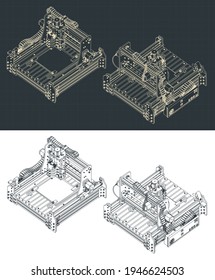 Stilisierte Vektorgrafik von CNC-Fräsmaschinen - isometrische Blaupausen