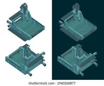 Stylized vector illustration of CNC milling machine isometric color drawing