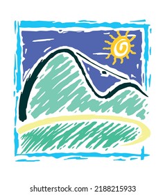 Stylized vector illustration of coastline landscape of Rio de Janeiro, Brazil. Art in simple strokes simulating irregular brush strokes.