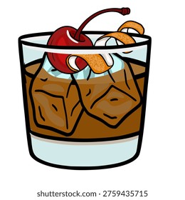 Stylized vector illustration of a cocktail Old Fashioned with ice, cherry, and orange peel