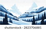 Stylized vector illustration of a cold winter mountain landscape featuring snow-covered peaks, evergreen pine forest silhouettes, and layered hills in a blue and white color palette.