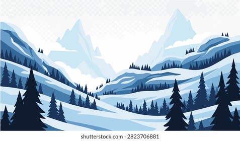 Stylized vector illustration of a cold winter mountain landscape featuring snow-covered peaks, evergreen pine forest silhouettes, and layered hills in a blue and white color palette.