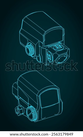 Stylized vector illustration of collimator sight isometric blueprints