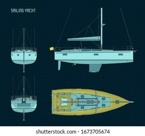 Stylized vector illustration of color blueprints of a sailing yacht