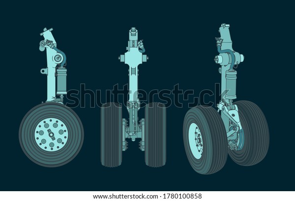 Stylized vector illustration of color\
drawings of the front landing gear of a large\
aircraft