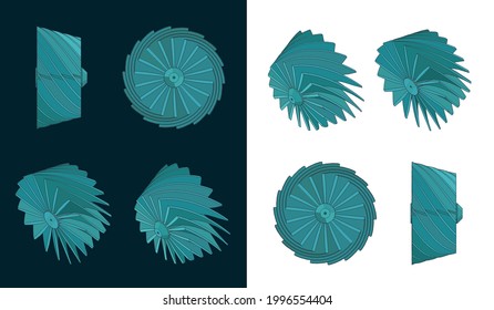 Stylized vector illustration of colorful blueprints of turbine impeller