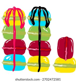 ​Bright, stylized vector illustration of colorful macarons stacked in columns and decorated with ribbons or glaze. This is an ideal image for designs related to confectionery, holidays, gifts,  sweeсс