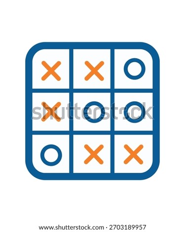 Stylized vector illustration of a completed tic-tac-toe game featuring a 3×3 grid with bold orange X and blue O symbols. This playful and abstract design represents strategy, competition, decision-mak