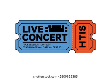 A stylized vector illustration of a concert ticket featuring a blue main section with event details and an orange stub, isolated on white background.