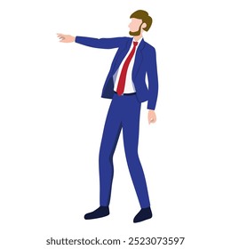 Una Ilustración vectorial estilizada de un hombre de negocios confiado en un traje azul y corbata roja, apuntando hacia adelante con un brazo extendido. Su postura sugiere liderazgo, dirección.