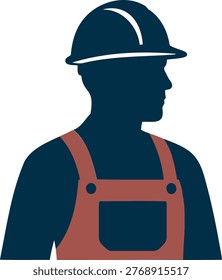 A stylized vector illustration of a construction worker silhouette, featuring a hard hat and overalls, symbolizing manual labor, construction, and safety.
