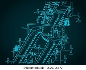 Stylized vector illustration of a conveyor production line close-up