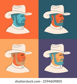 Stylized vector illustration of a cowboy portrait in a pop-art style, featuring four color variations. Classic western theme with a rugged bearded man wearing a hat.