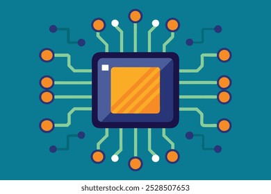 Stylized vector illustration of a CPU with connected circuits on a teal background.