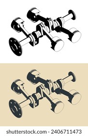 Stylized vector illustration of crankshaft and pistons of horizontally opposed engine
