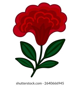 Stylized vector illustration of a crimson celosia flower with dark green leaves, showcasing a unique layered petal design and bold color contrast.