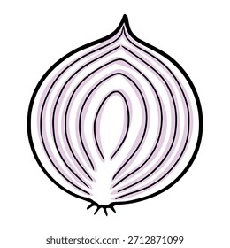 Stylized vector illustration of a cross-section of a red onion with concentric rings and a distinct top sprout.