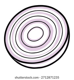 A stylized vector illustration of a cross-section of a red onion, featuring concentric rings of purple and white with bold black outlines, presented on a clean white background.