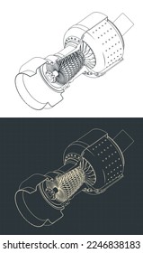 Stylized vector illustration of cutaway view of industrial gas turbine engine