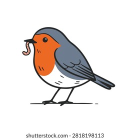 A stylized vector illustration of a cute robin bird with a vibrant orange breast holding a small worm in its beak against a plain white background.