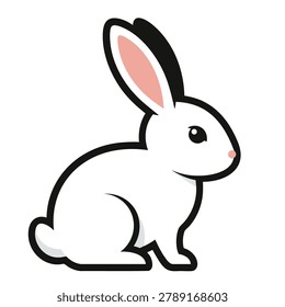 A stylized vector illustration of a cute white bunny with pink inner ears and a simple black outline on a white background.