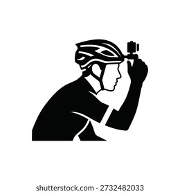 Una Ilustración vectorial estilizada de un ciclista ajustando su casco, enfatizando la seguridad y la preparación para un paseo en bicicleta.