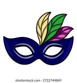 A stylized vector illustration of a dark blue masquerade mask adorned with vibrant yellow, green, and purple feathers, perfect for festive or celebratory themes.