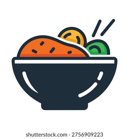 A stylized vector illustration of a dark blue bowl filled with orange food, topped with green and yellow round elements, and two black chopsticks sticking out.