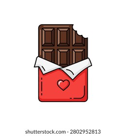 A stylized vector illustration of a dark chocolate bar partially unwrapped from a bright red package. The red wrapper features a small red heart icon, suggesting a romantic or Valentine's Day theme. A single bite has been taken out of the top corner of the chocolate, revealing its textured squares. The artwork uses clean lines and a flat design style against a plain white background.