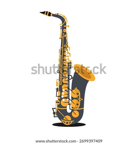 A stylized vector illustration of a dark gray and gold saxophone standing upright against a plain white background.