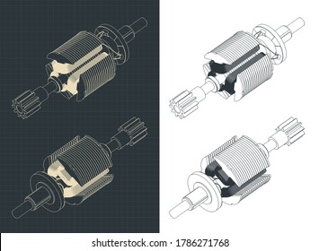 Ilustración vectorial estilizada de dibujos isométricos del rotor de motor de corriente continua